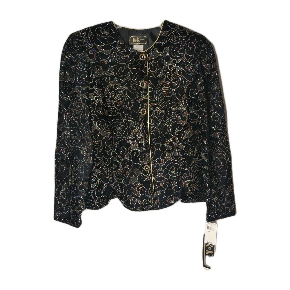 Vtg NWT RK Evening Black Velvet Floral Sparkle Brocade Jacket Womens‎ 8 Medium